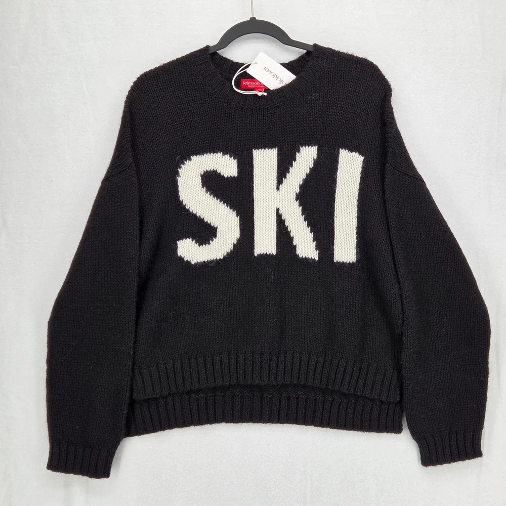 Krimson Klover NEW Women Medium 'Ski' Spell Out‎ Knit Sweater Black Alpaca Blend